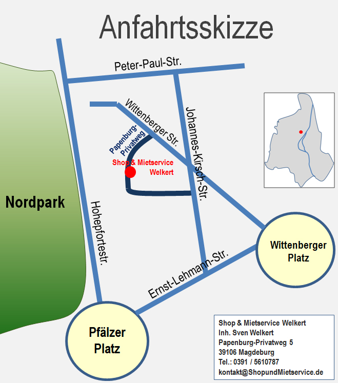 Karte Anfahrtskizze zum Shop und Mietservice Welkert in Magdeburg